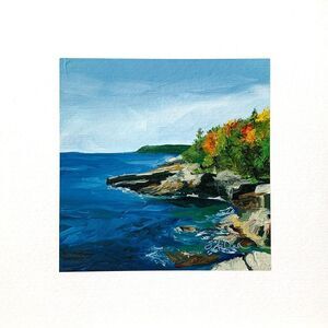 8x8 Maine Original Oil Painting Acadia Pine Trees New England Coastal Art Signed